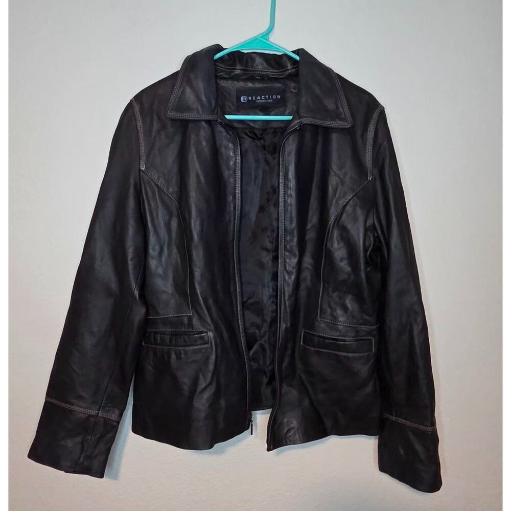 Kenneth Cole Reaction Women's XL Black Leather Jacket 2 Button Lined Excellent